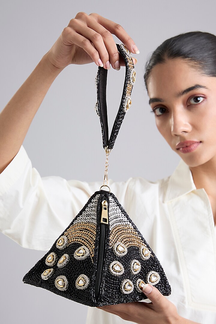 Black Brocade Polki & Sequins Embellished Potli by Be Chic at Pernia's Pop Up Shop