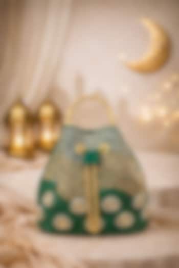 Green Satin Crystal Hand Embellished Bucket Bag by Be Chic at Pernia's Pop Up Shop