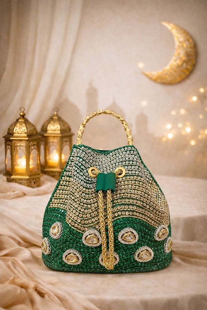 Green Satin Crystal Hand Embellished Bucket Bag by Be Chic at Pernia's Pop Up Shop