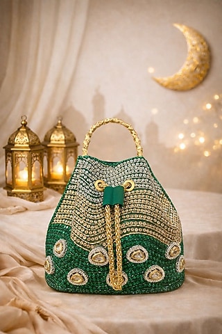 Green Satin Crystal Hand Embellished Bucket Bag by Be Chic