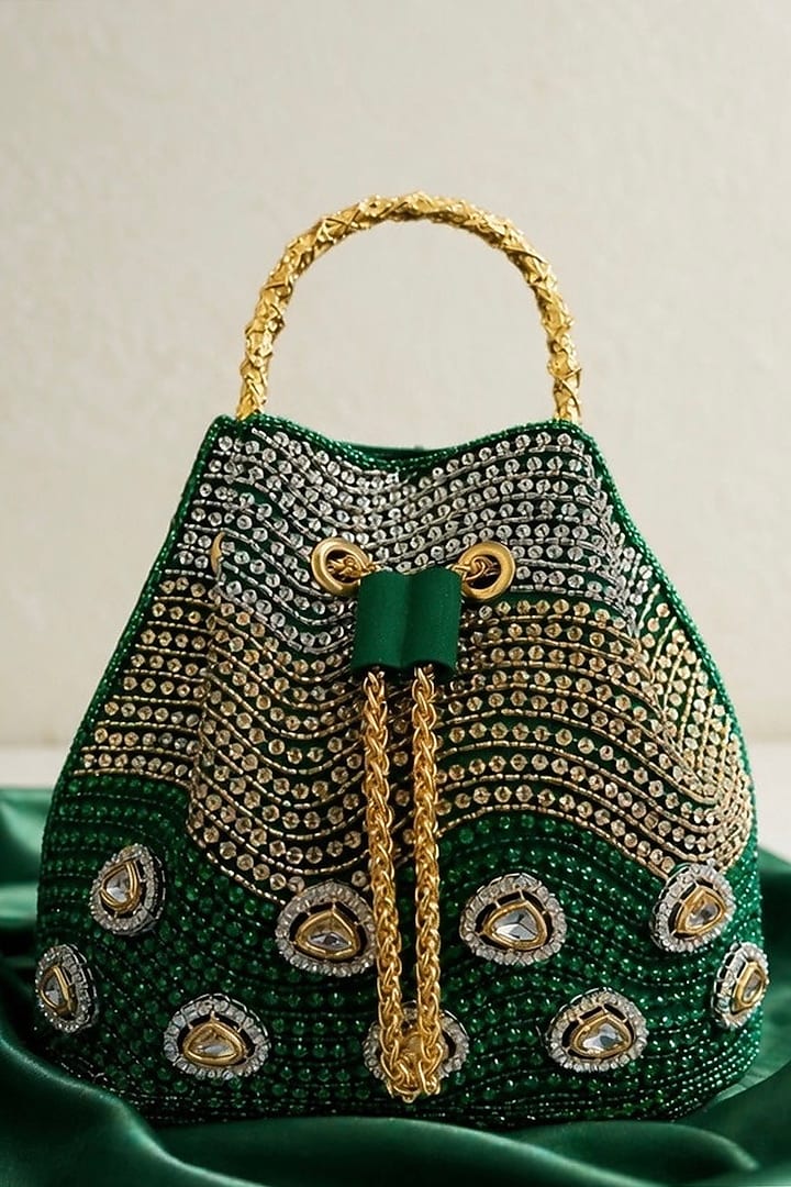 Green Satin Crystal Hand Embellished Bucket Bag by Be Chic at Pernia's Pop Up Shop