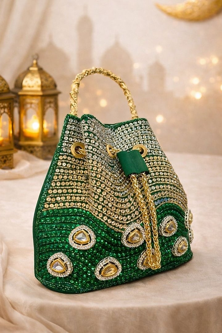 Green Satin Crystal Hand Embellished Bucket Bag by Be Chic at Pernia's Pop Up Shop