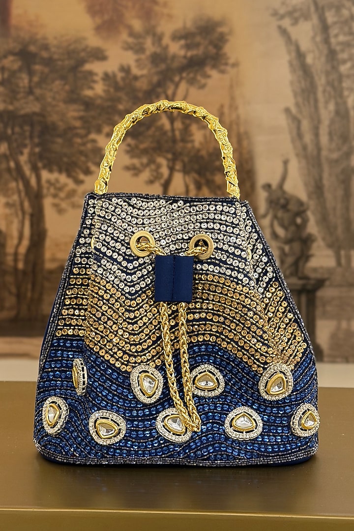Blue Satin Crystal Hand Embellished Bucket Bag by Be Chic at Pernia's Pop Up Shop