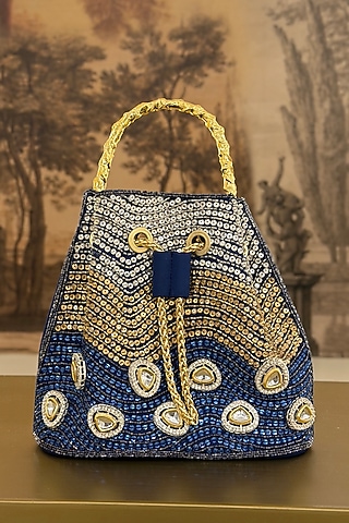 Blue Satin Crystal Hand Embellished Bucket Bag by Be Chic