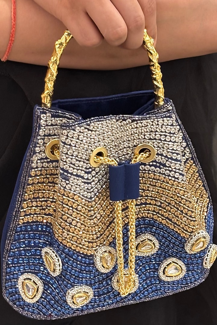 Blue Satin Crystal Hand Embellished Bucket Bag by Be Chic at Pernia's Pop Up Shop