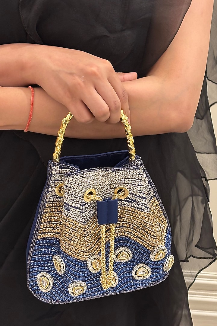 Blue Satin Crystal Hand Embellished Bucket Bag by Be Chic at Pernia's Pop Up Shop