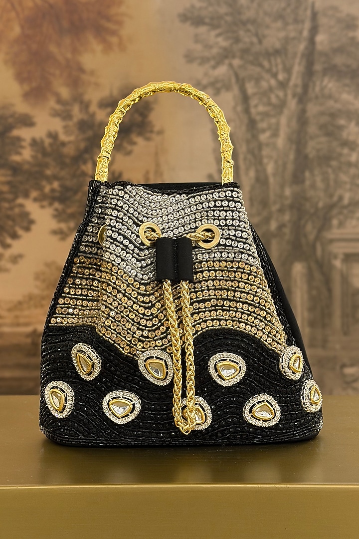 Black Satin Crystal Hand Embellished Bucket Bag by Be Chic at Pernia's Pop Up Shop