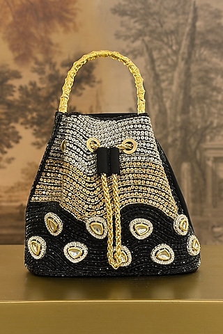 Black Satin Crystal Hand Embellished Bucket Bag by Be Chic
