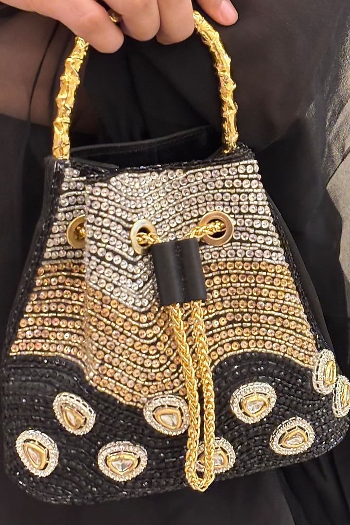 Black Satin Crystal Hand Embellished Bucket Bag by Be Chic at Pernia's Pop Up Shop