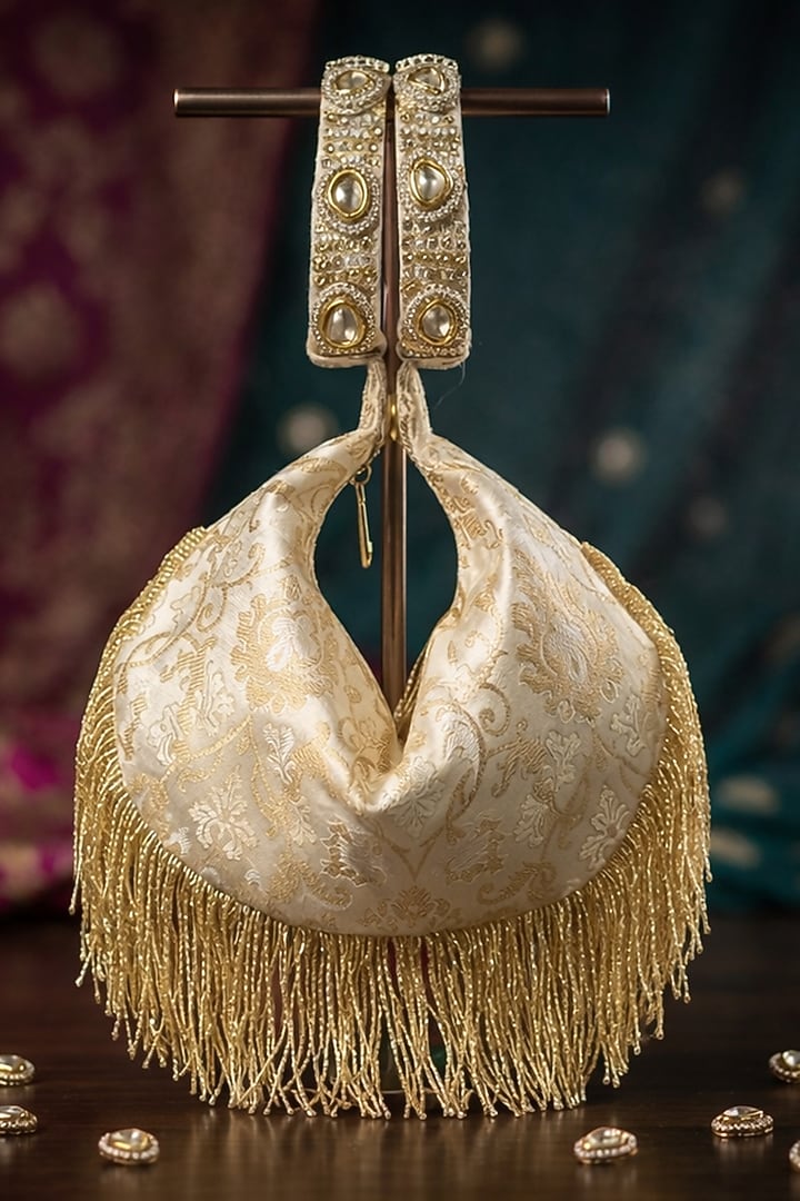 Ivory Brocade Kundan Polki Embellished Potli by Be Chic at Pernia's Pop Up Shop