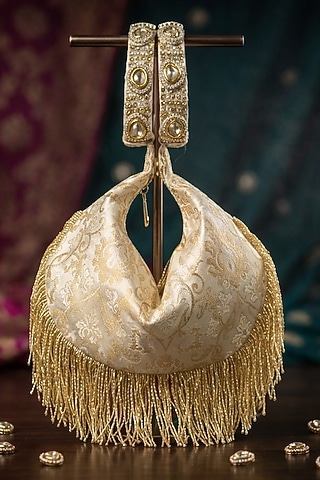Ivory Brocade Kundan Polki Embellished Potli by Be Chic