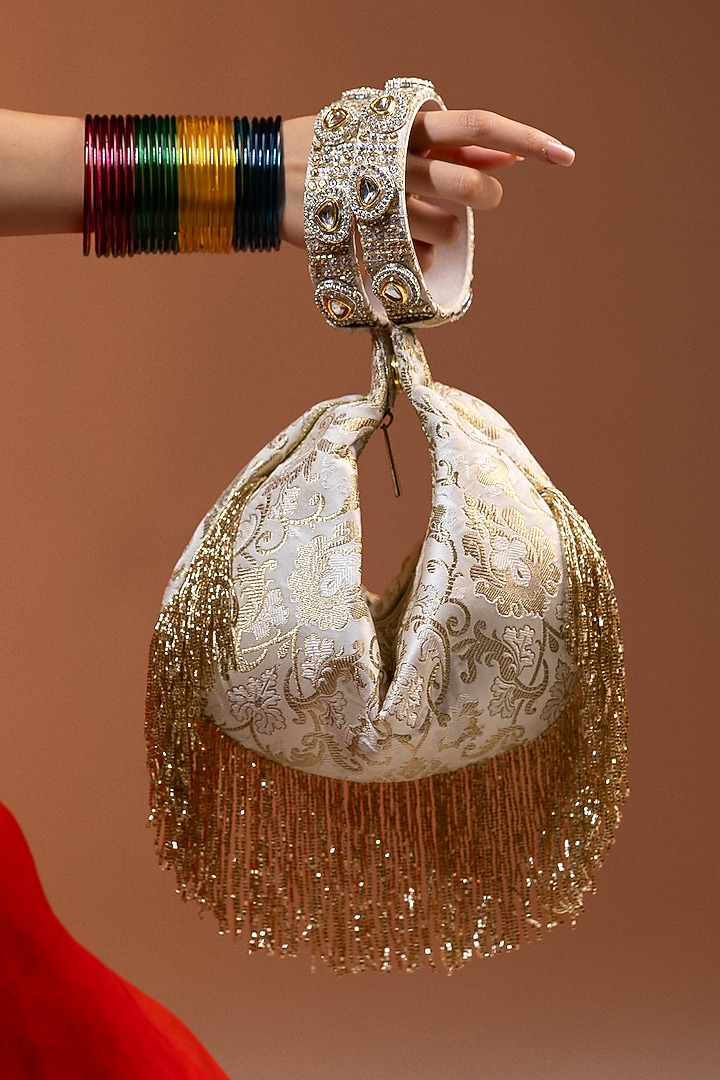 Ivory Brocade Kundan Polki Embellished Potli by Be Chic at Pernia's Pop Up Shop