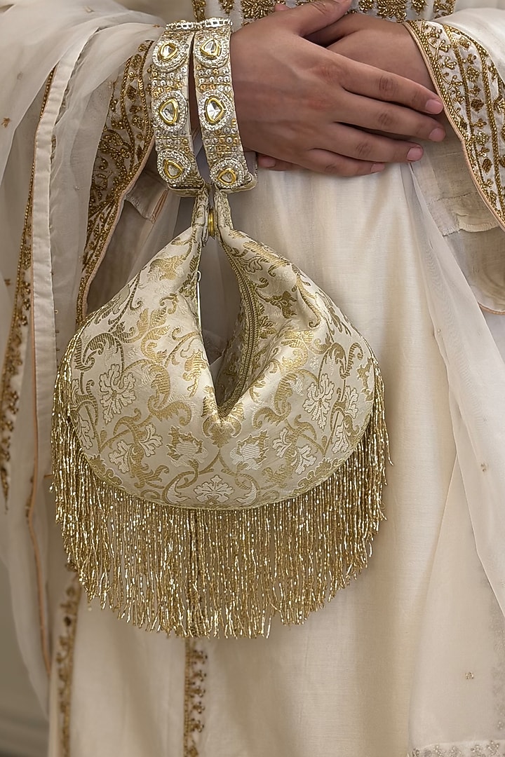 Ivory Brocade Kundan Polki Embellished Potli by Be Chic at Pernia's Pop Up Shop