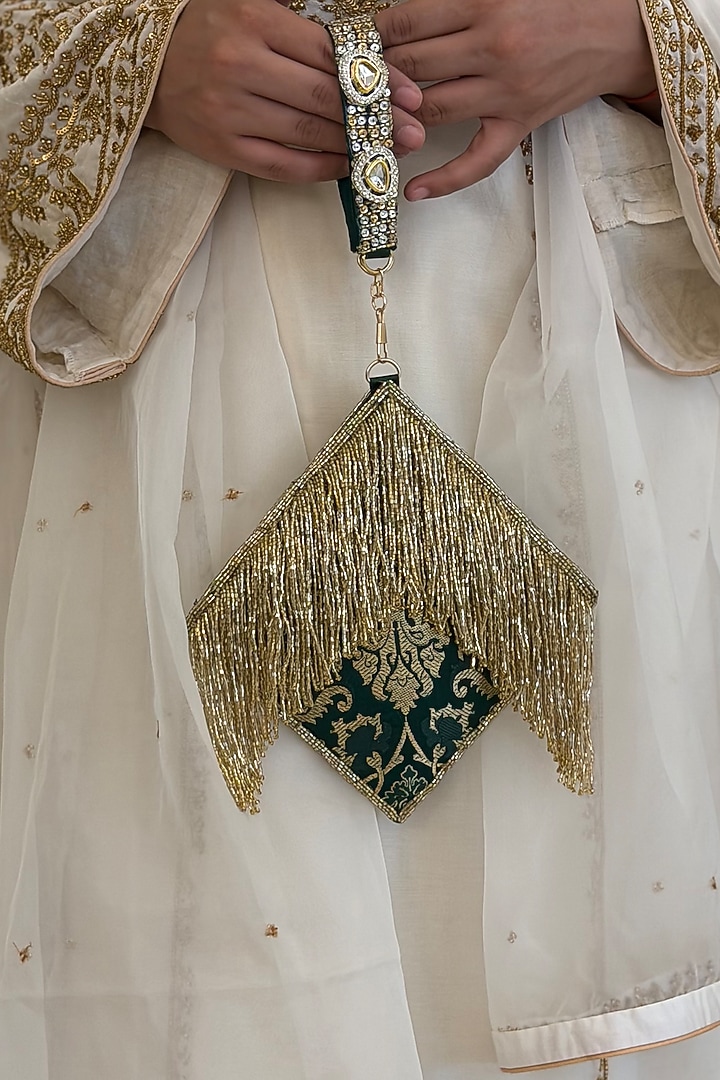 Green Brocade Kundan Polki Embellished Clutch by Be Chic at Pernia's Pop Up Shop
