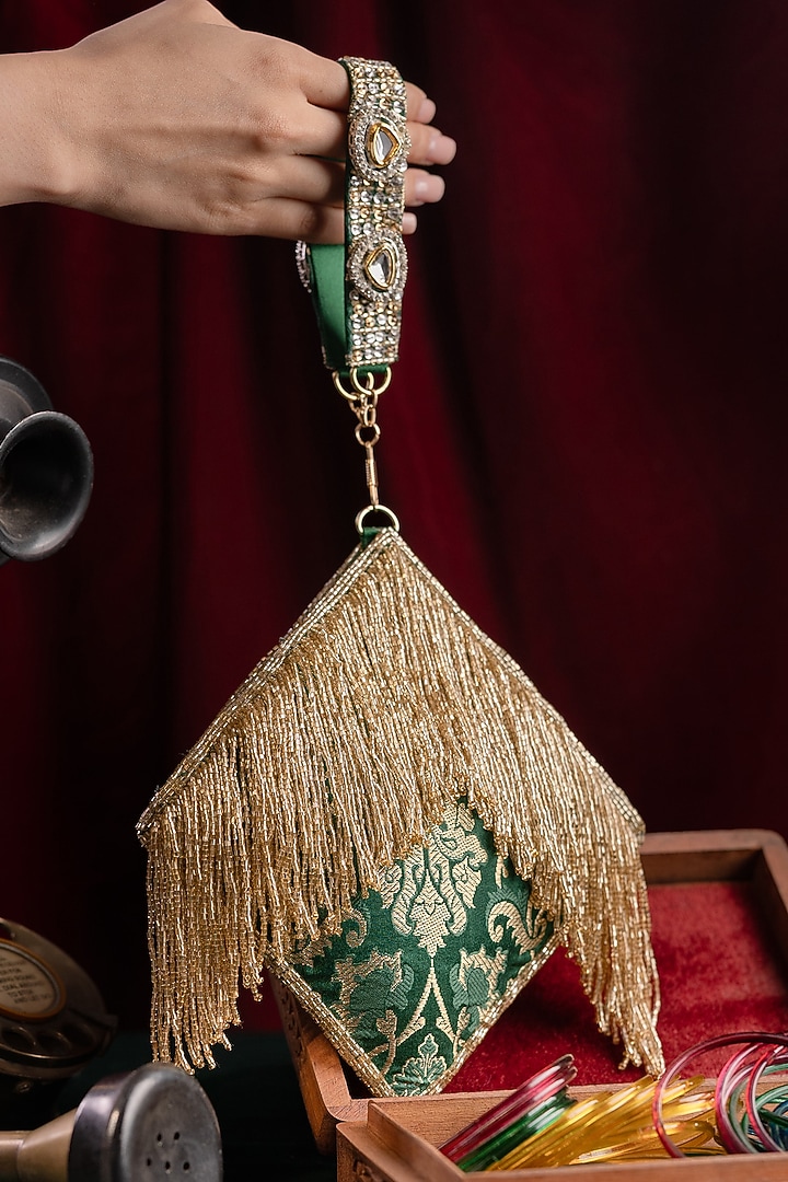 Green Brocade Kundan Polki Embellished Clutch by Be Chic at Pernia's Pop Up Shop