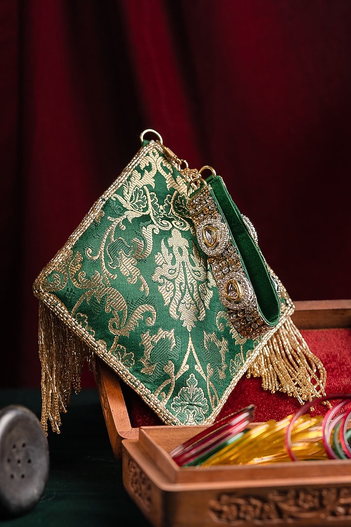 Green Brocade Kundan Polki Embellished Clutch by Be Chic at Pernia's Pop Up Shop