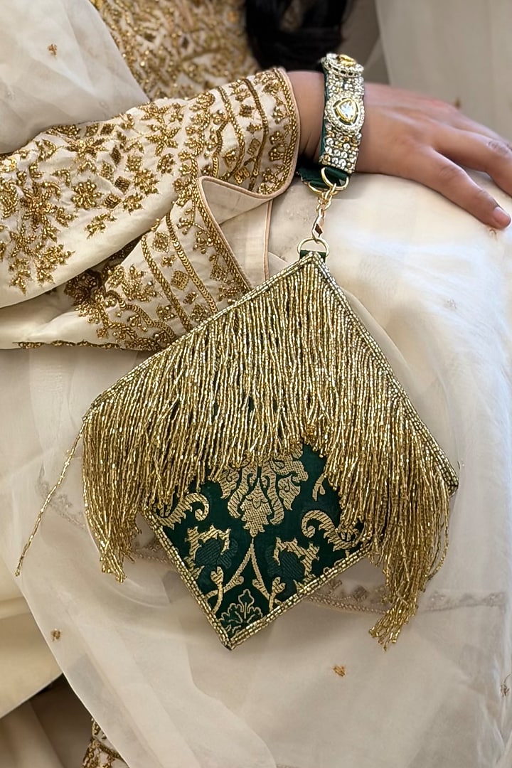 Green Brocade Kundan Polki Embellished Clutch by Be Chic at Pernia's Pop Up Shop