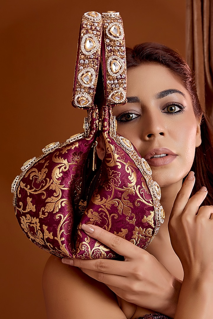 Maroon Brocade Kundan Embellished Clutch by Be Chic at Pernia's Pop Up Shop