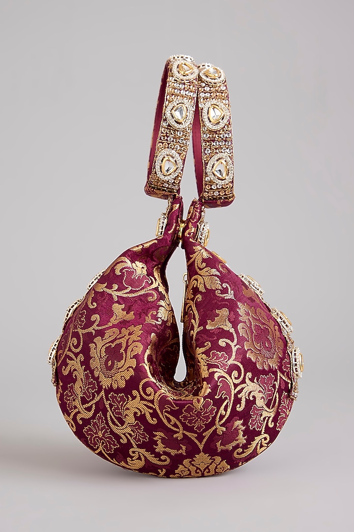 Maroon Brocade Kundan Embellished Clutch by Be Chic at Pernia's Pop Up Shop