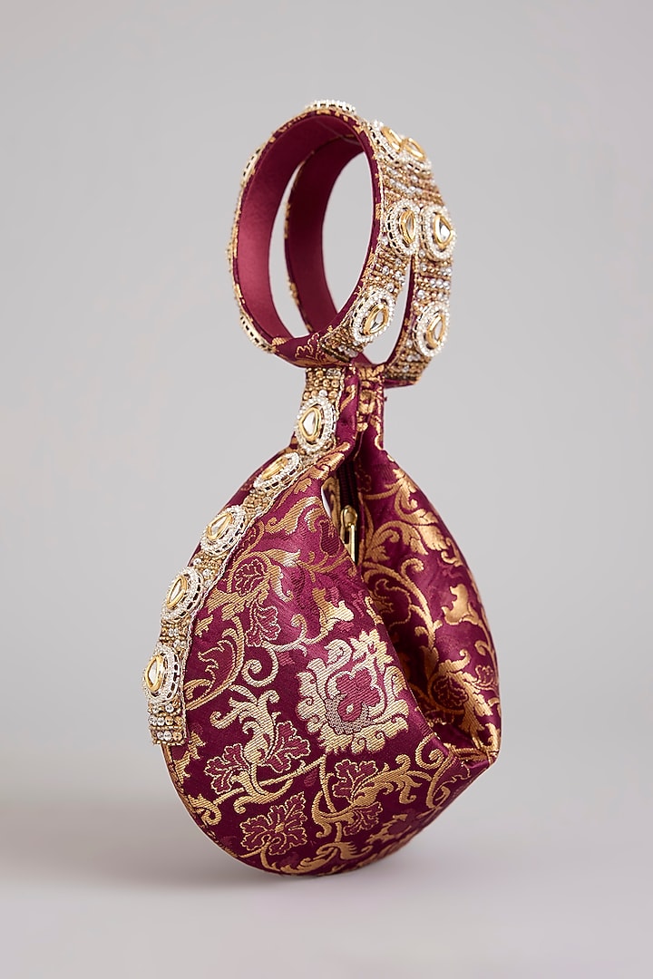 Maroon Brocade Kundan Embellished Clutch by Be Chic at Pernia's Pop Up Shop