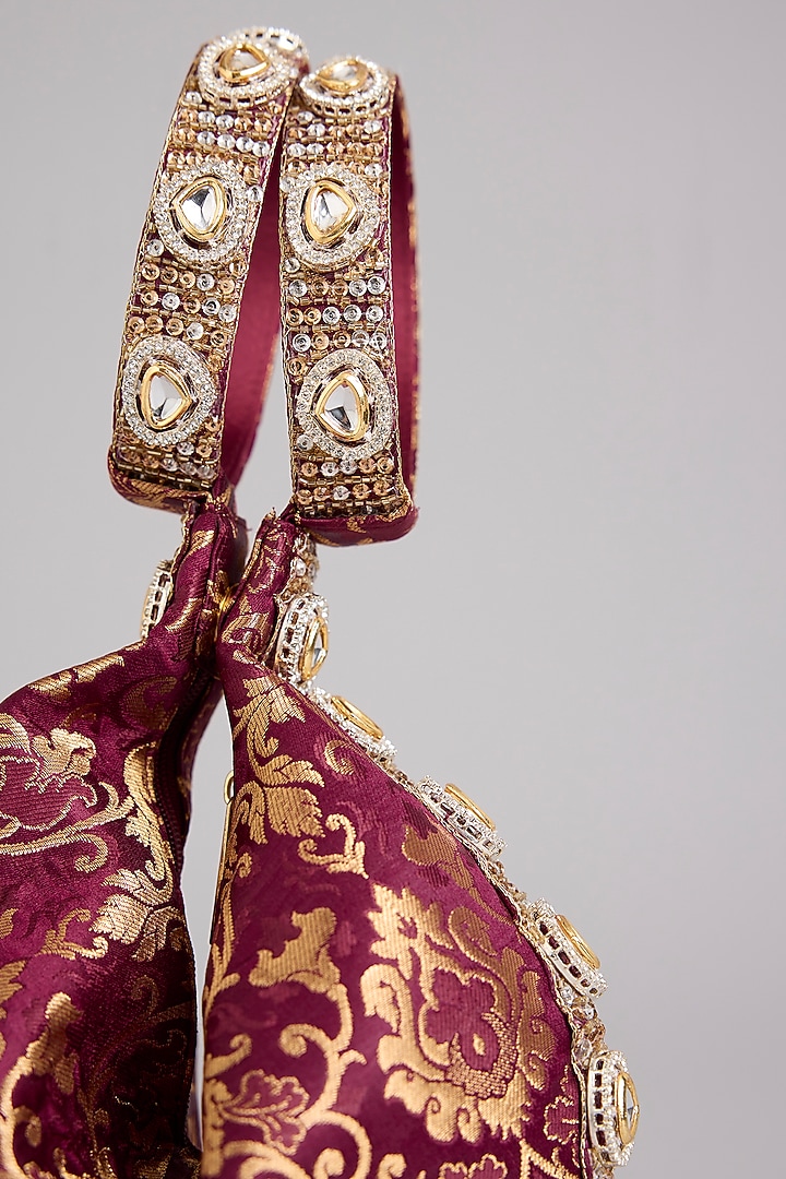 Maroon Brocade Kundan Embellished Clutch by Be Chic at Pernia's Pop Up Shop