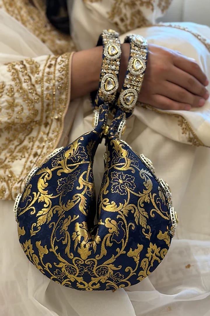 Blue Brocade Kundan Polki Embellished Clutch by Be Chic at Pernia's Pop Up Shop