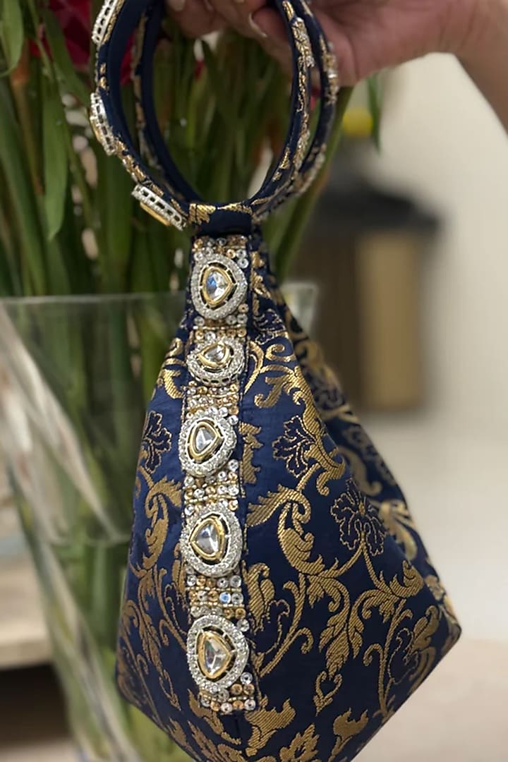 Blue Brocade Kundan Polki Embellished Clutch by Be Chic at Pernia's Pop Up Shop