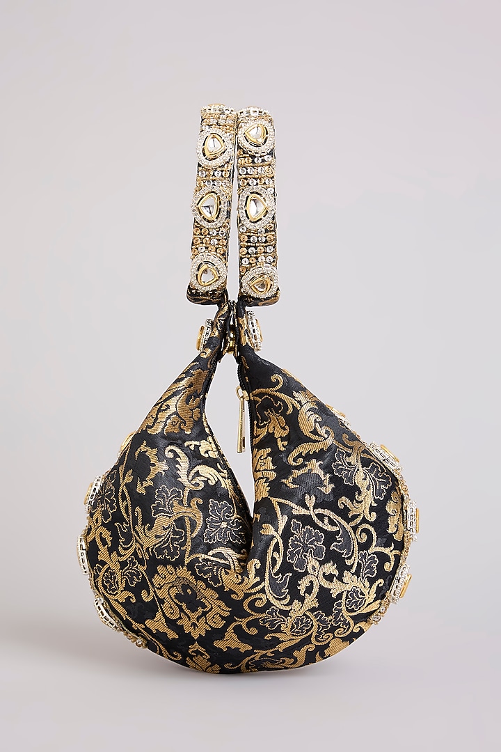 Black Brocade Polki & Sequins Embellished Clutch by Be Chic at Pernia's Pop Up Shop