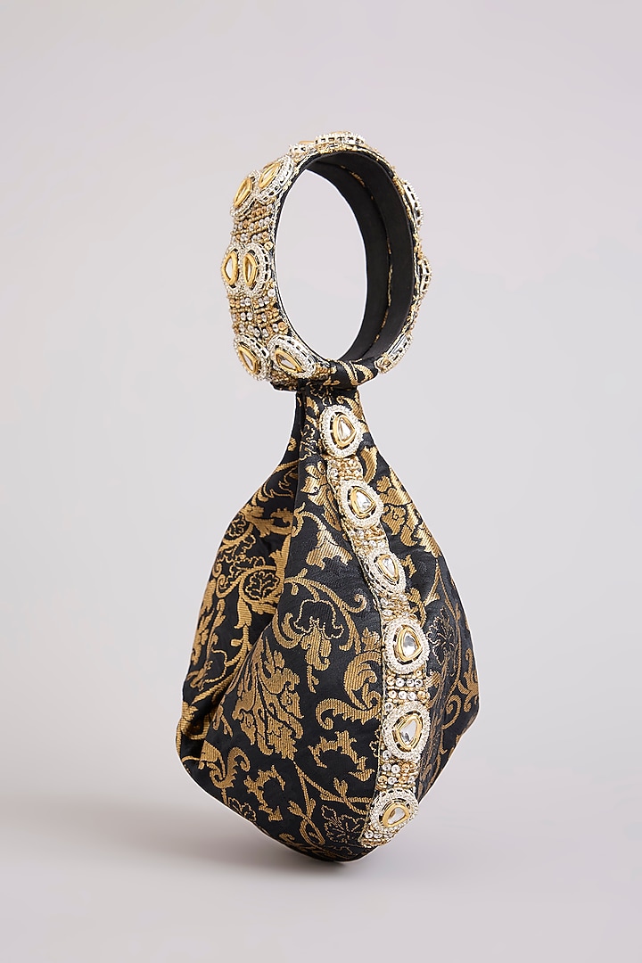 Black Brocade Polki & Sequins Embellished Clutch by Be Chic at Pernia's Pop Up Shop
