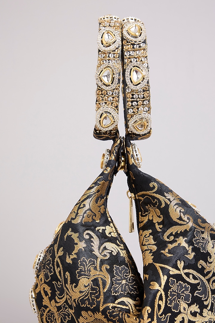 Black Brocade Polki & Sequins Embellished Clutch by Be Chic at Pernia's Pop Up Shop