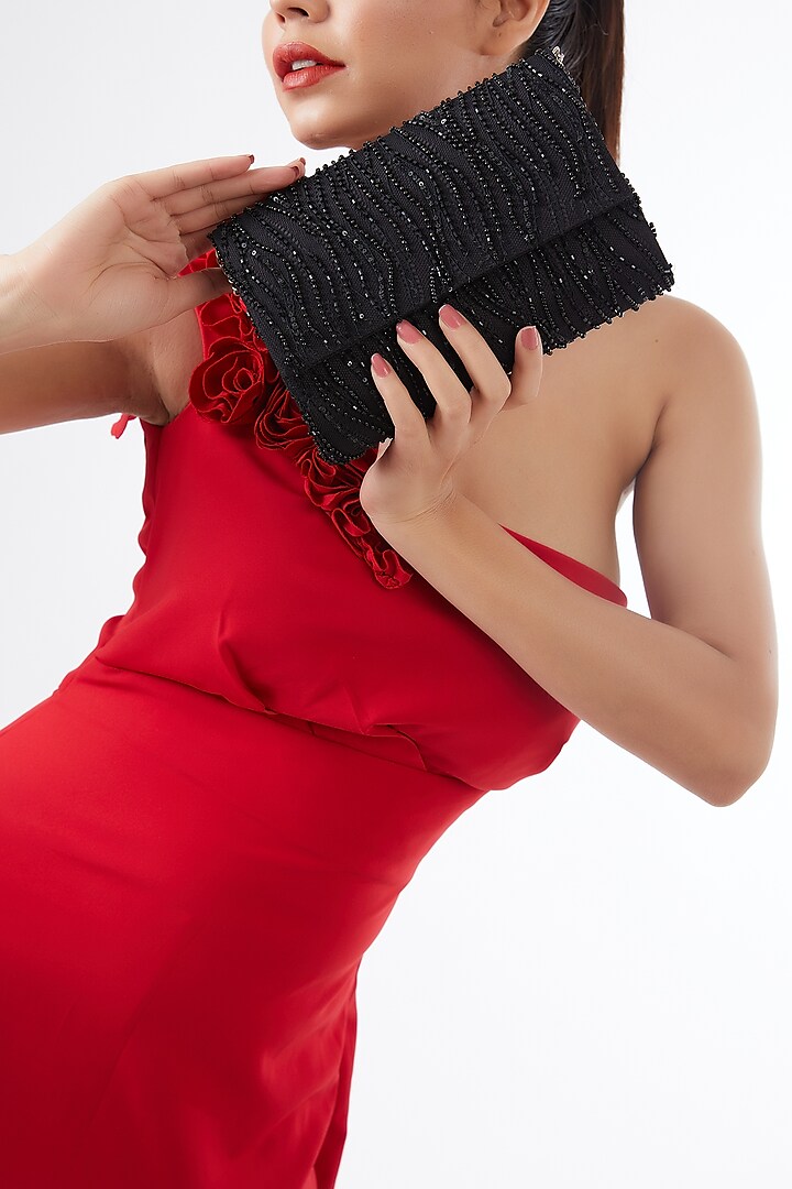Black Satin Hand Embroidered Clutch by Be Chic