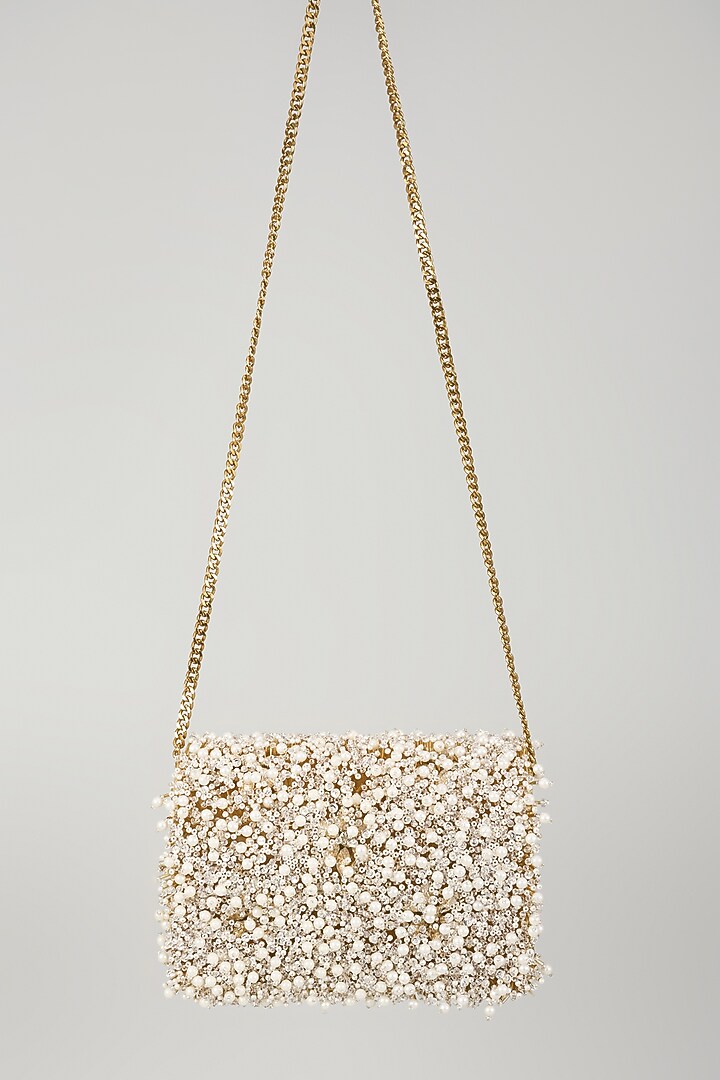 Gold Satin & Metal Crystal Hand Embroidered Clutch by Be Chic at Pernia's Pop Up Shop