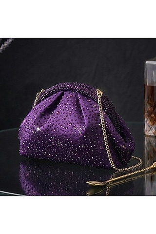 Purple Satin Crystal Embellished Clutch by Be Chic
