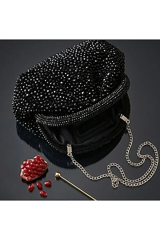Black Satin Crystal Embellished Clutch by Be Chic