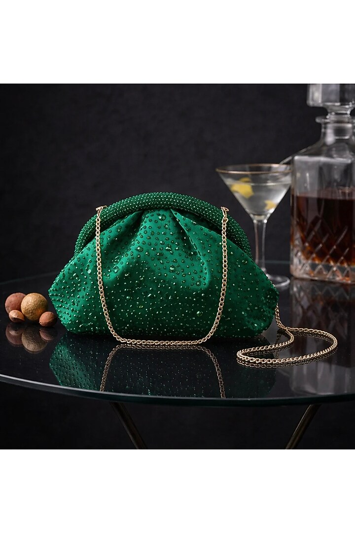 Green Satin Crystal Embellished Clutch by Be Chic at Pernia's Pop Up Shop