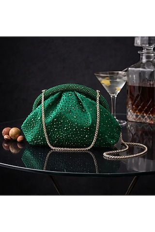 Green Satin Crystal Embellished Clutch by Be Chic