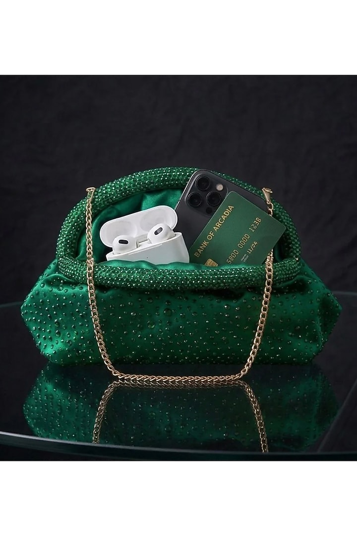 Green Satin Crystal Embellished Clutch by Be Chic at Pernia's Pop Up Shop