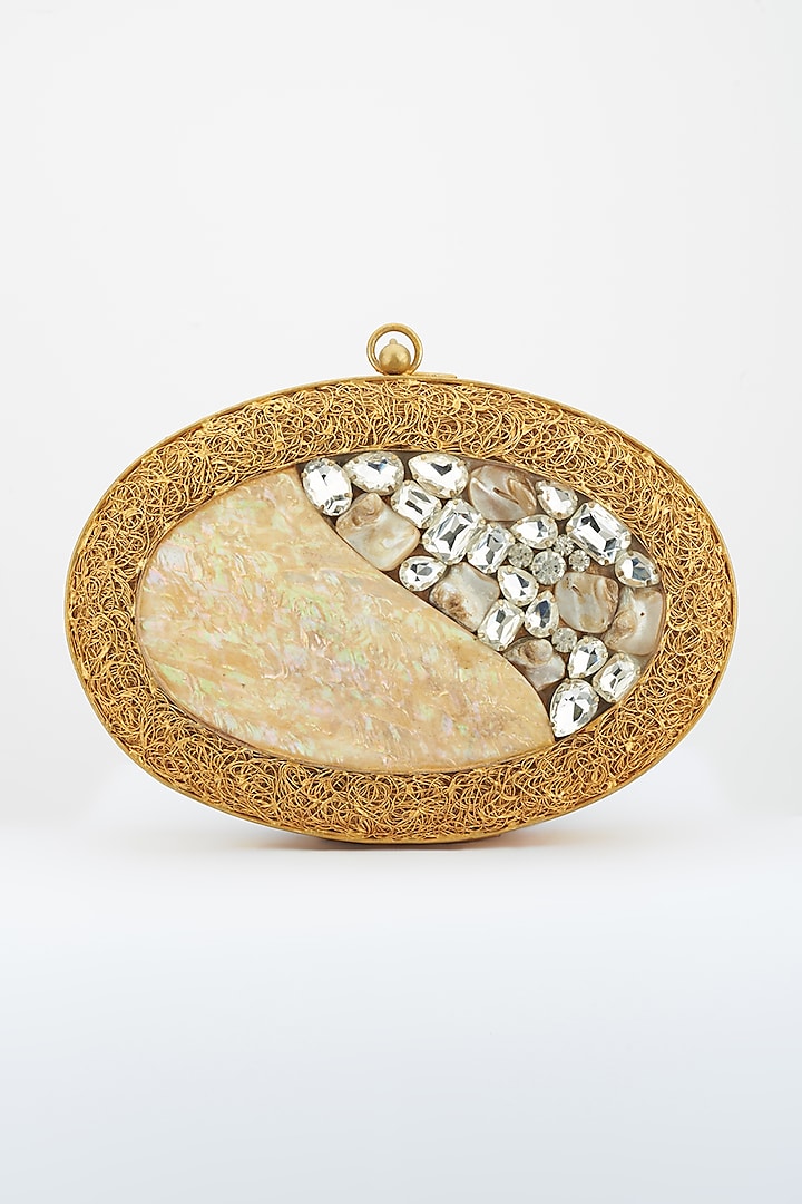 Golden Mother Of Pearl Embellished Handcrafted Clutch by Be Chic