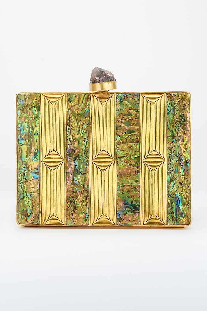 Dull Golden Mother Of Pearl Embellished Handcrafted Clutch by Be Chic