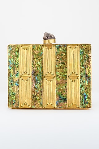 Dull Golden Mother Of Pearl Embellished Handcrafted Clutch by Be Chic