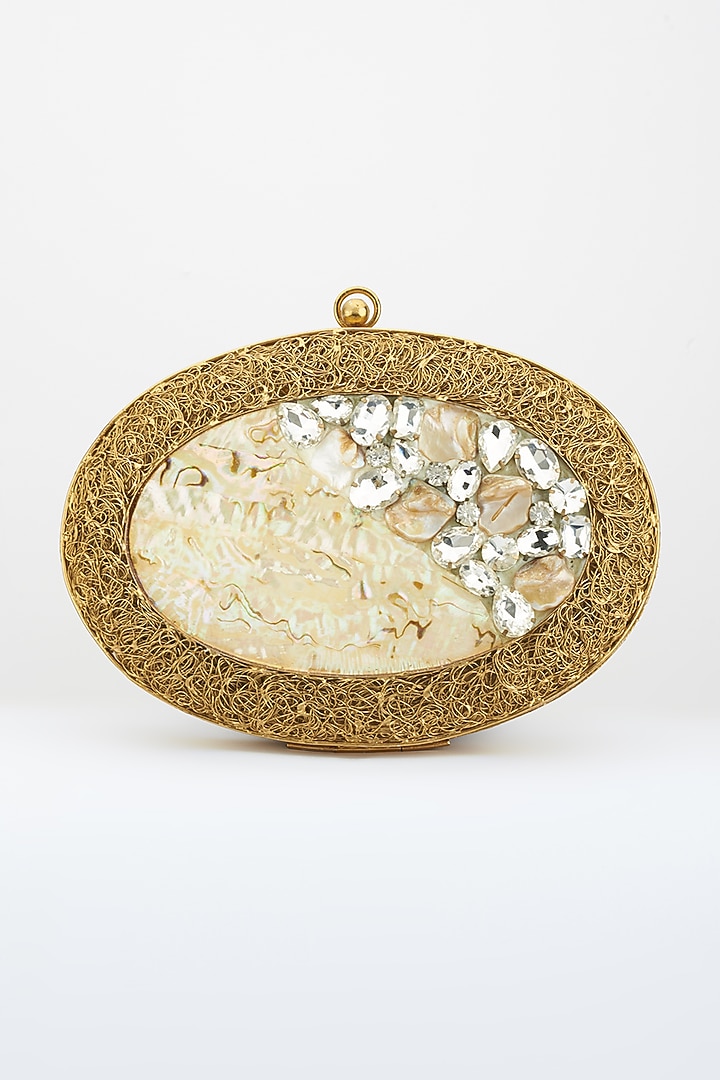 Dull Golden Crystals Embellished Handcrafted Clutch by Be Chic at Pernia's Pop Up Shop