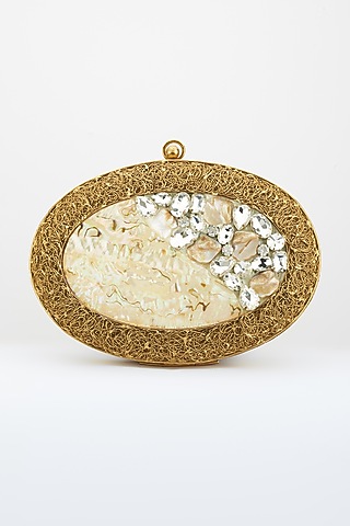 Dull Golden Crystals Embellished Handcrafted Clutch by Be Chic