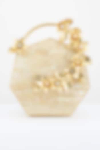 Golden Crystals Embellished Clutch With Floral Handle by Be Chic