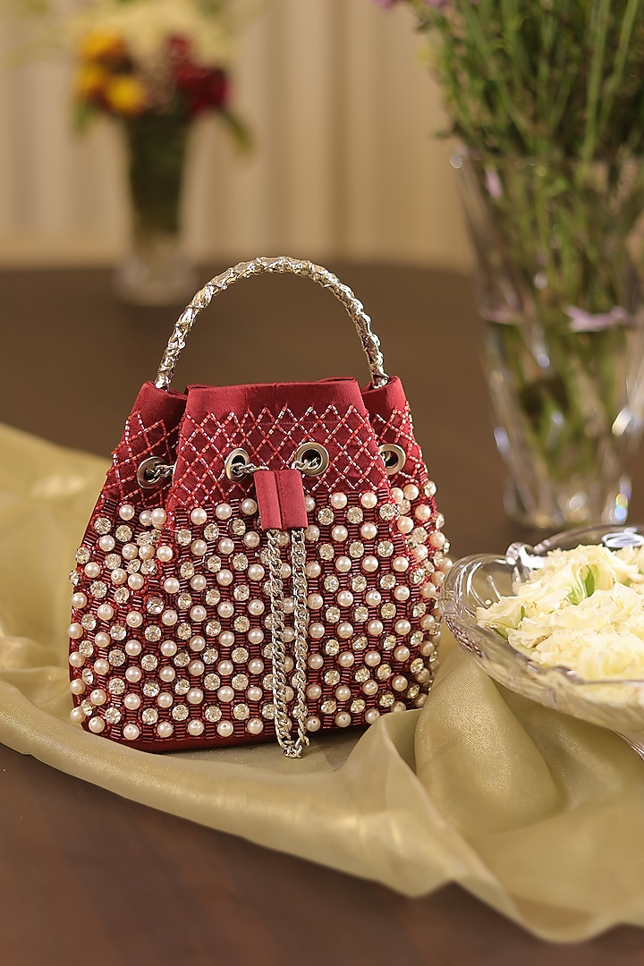 Maroon Satin Pearl Hand Embroidered Potli Bag by Be Chic at Pernia's Pop Up Shop