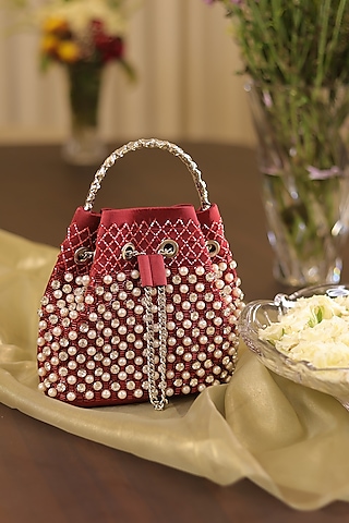 Maroon Satin Pearl Hand Embroidered Potli Bag by Be Chic