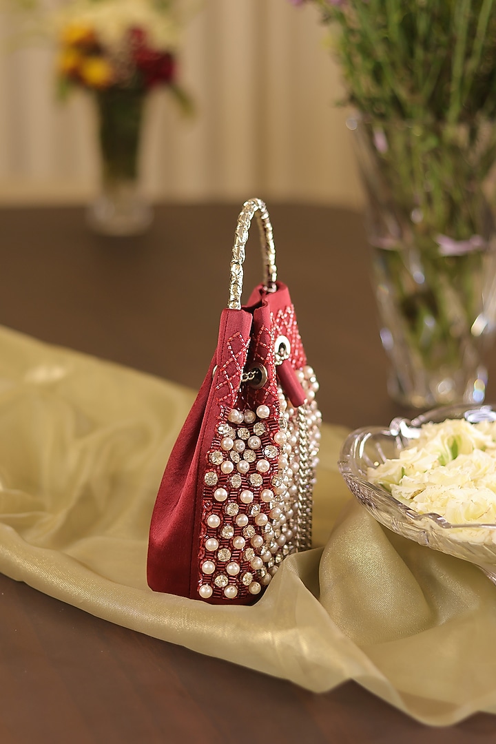 Maroon Satin Pearl Hand Embroidered Potli Bag by Be Chic at Pernia's Pop Up Shop