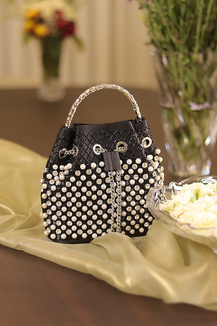 Black Satin Pearl Hand Embroidered Potli Bag by Be Chic at Pernia's Pop Up Shop