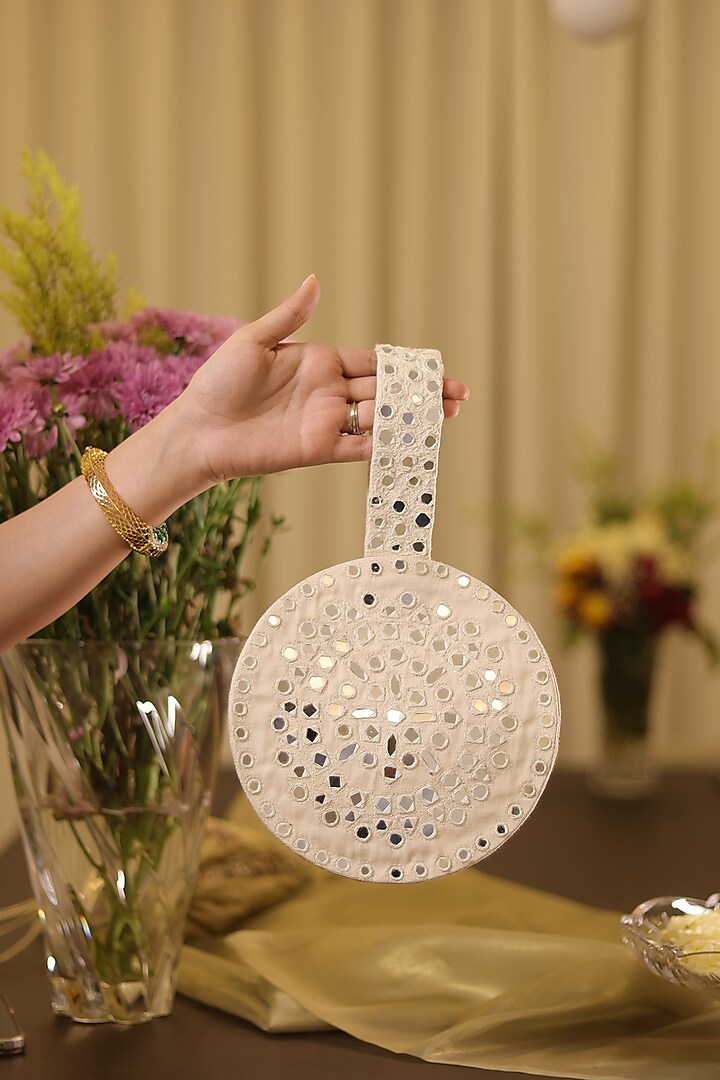 White Cotton Mirror Work Round Clutch by Be Chic at Pernia's Pop Up Shop