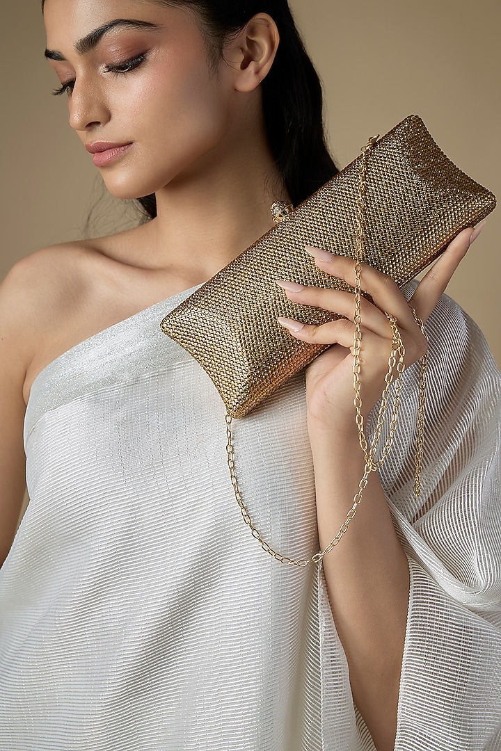 Dull Gold Satin Crystal Embellished Clutch by Be Chic at Pernia's Pop Up Shop