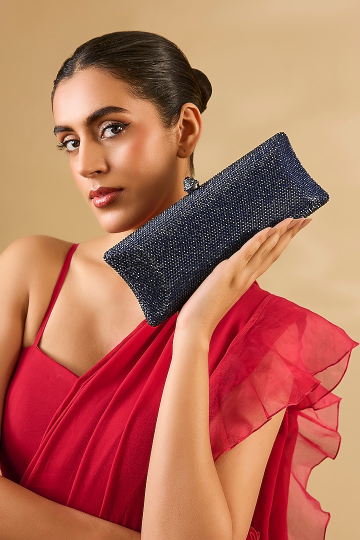 Blue Satin Crystal Embellished Clutch by Be Chic at Pernia's Pop Up Shop